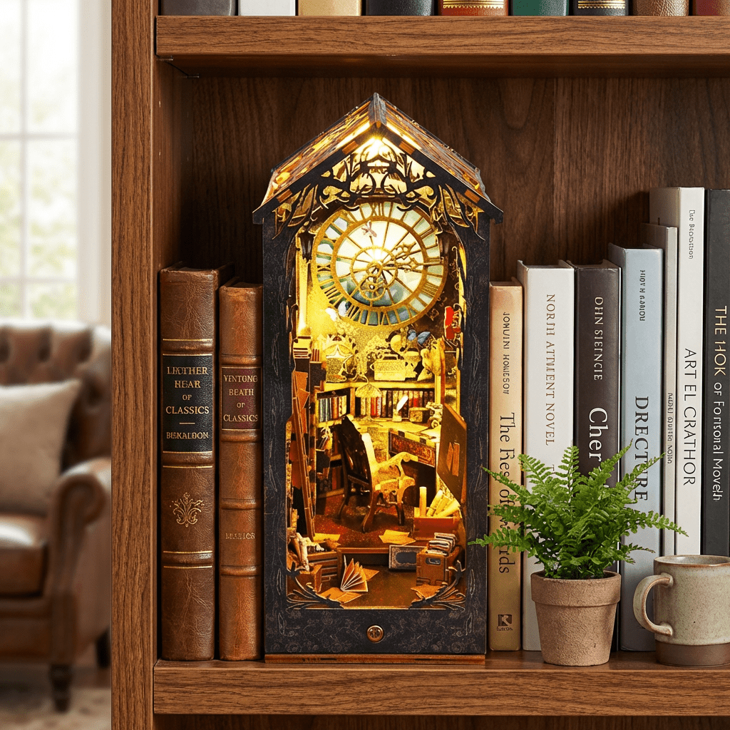 Miniature Book Nook Kit | 3D Wooden Bookshelf Model with LED Lights | Creative DIY Project for Home Decor - Kolise