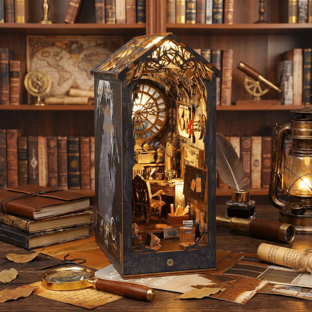 Miniature Book Nook Kit | 3D Wooden Bookshelf Model with LED Lights | Creative DIY Project for Home Decor - Kolise