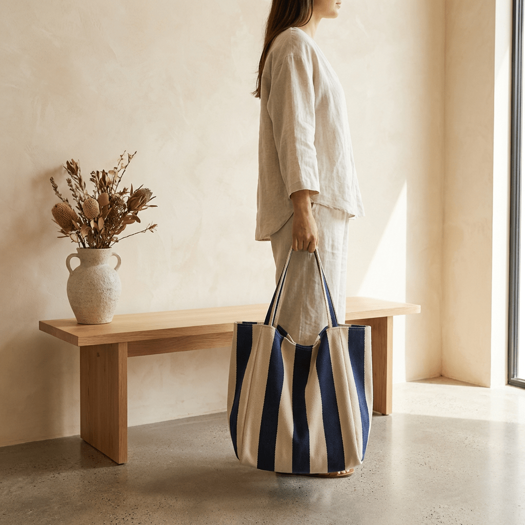 Stylish Tote Bag | Large Canvas Beach Bag with Striped Design - Kolise