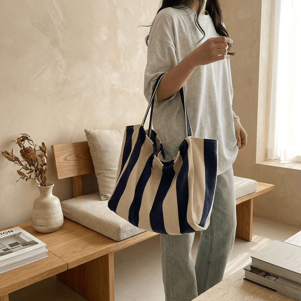Stylish Tote Bag | Large Canvas Beach Bag with Striped Design - Kolise