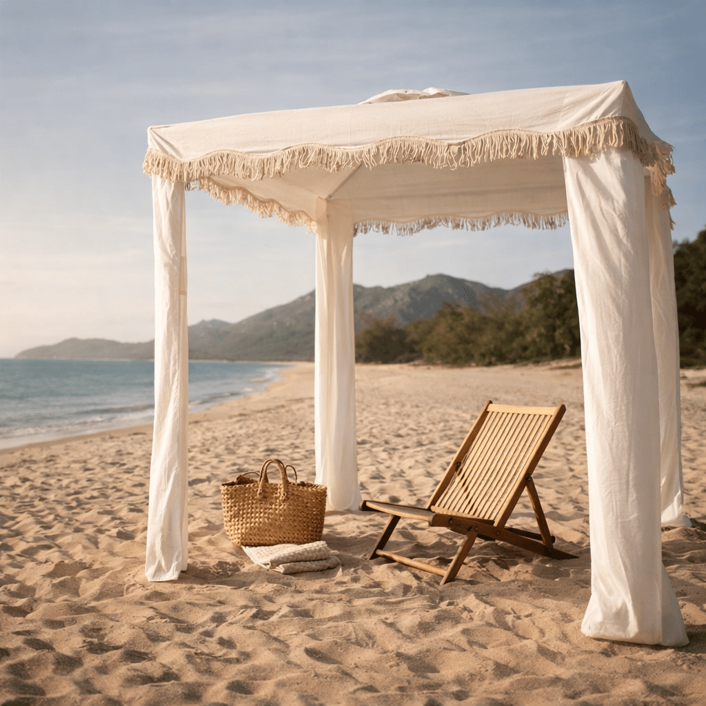 Large Beach Umbrella with Solid Wood Frame & Cotton Tassels | Stylish Sun Shade - Kolise