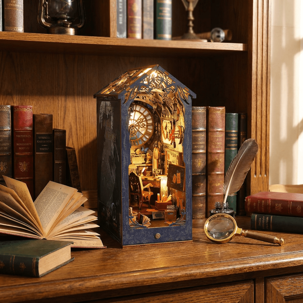 Miniature Book Nook Kit | 3D Wooden Bookshelf Model with LED Lights | Creative DIY Project for Home Decor - Kolise
